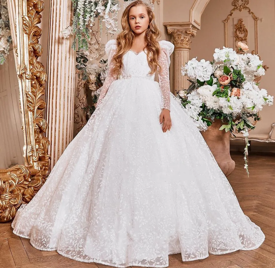 

Luxury White Flower Girls Dresses For Weddings Fluffy Organza Lace Appliques Pageant Dresses Girls First Communion Dress