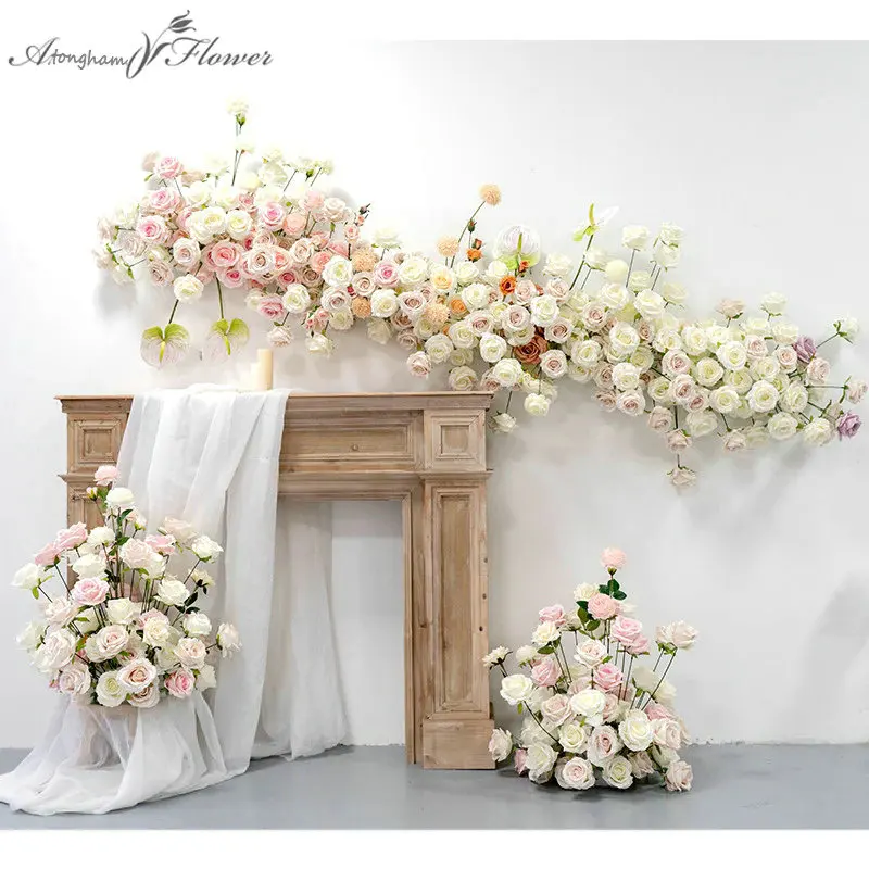 

Pink flower row Wedding Board Backdrop Decor Floral Arrangement Sofa Table Runner Event Banquet Stage Aisle Floor Flower