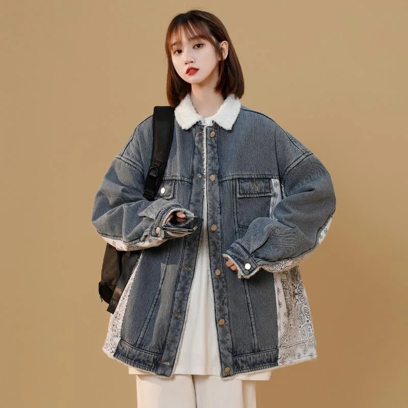 Vintage Winter Thicken Lambswool Denim Jackets Fashion Long Parkas Turn-down Collar Chic Printed Coats Warm Clothes for Women
Vintage Winter Thicken Lambswool Denim Jackets Fashion Long Parkas Turn-down Collar Chic Printed Coats Warm Clothes for Women