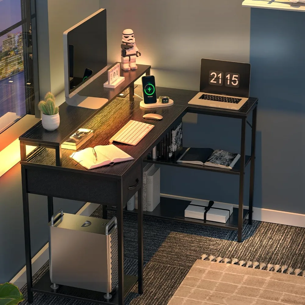 Computer Desk, L Shaped Gaming Desk with LED Lights & Power Outlets, with Storage Shelves & Drawer, Computer Desk
Computer Desk, L Shaped Gaming Desk with LED Lights & Power Outlets, with Storage Shelves & Drawer, Computer Desk