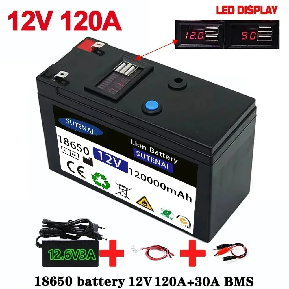 12V Battery 120Ah 18650 lithium battery pack Rechargeable battery for solar energy electric vehicle battery+12.6v3A charger
12V Battery 120Ah 18650 lithium battery pack Rechargeable battery for solar energy electric vehicle battery+12.6v3A charger