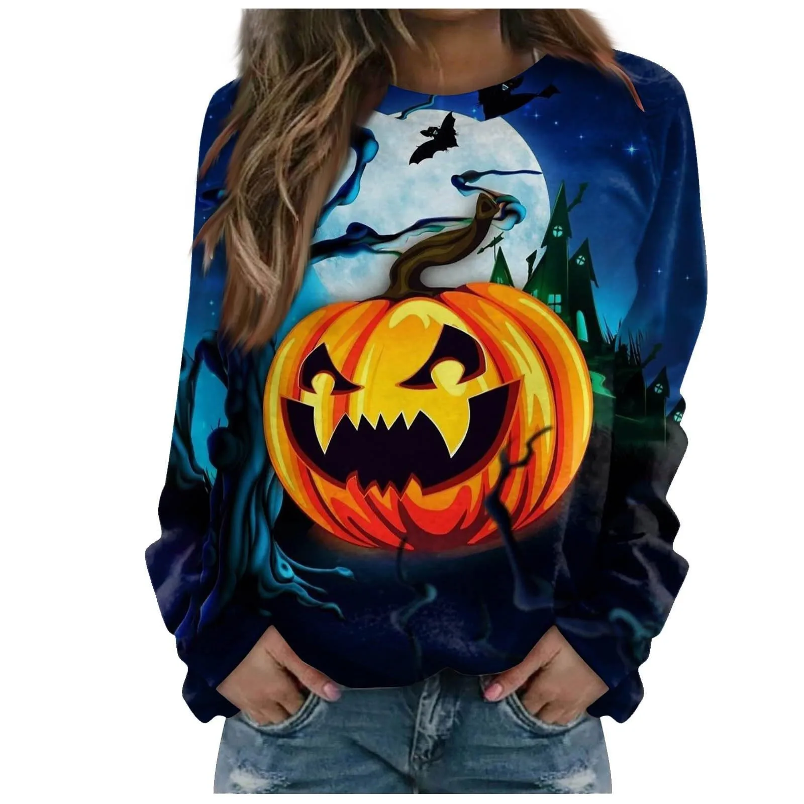 

Women's Halloween Printed Sweatshirt Sexy Elegant Round Neck Hoodless Pullover Loose Long Camisole Blouse 3x Workout Shirts