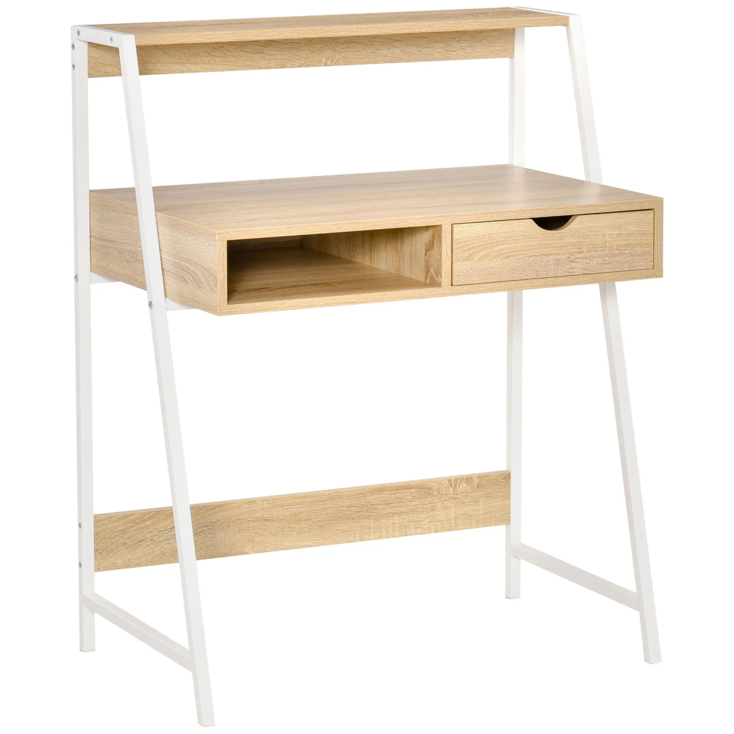 

Compact Home Office Computer Desk with Convenient Storage Shelves and Drawer, Ideal Writing Table for Small Spaces, Natural Wood