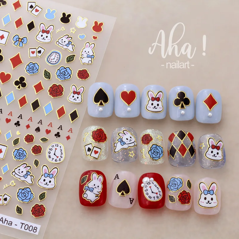 

1pcs Bronzing 3D Nail Stickers Cute Bunny Poker Decals New Year's Wealth Self Adhesive Transfer Slider Wraps Nail Ar Decorations