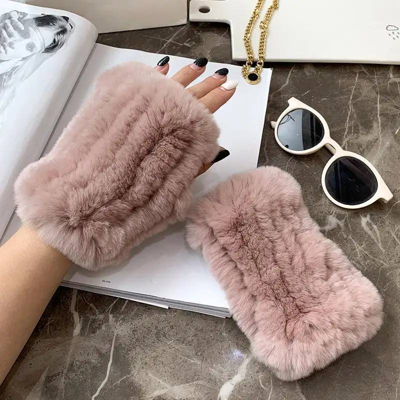 

New Women 100% Real Genuine Knitted Rex Rabbit Fur Mittens Winter Warm Lady Real Fur Fingerless Gloves Handmade Knit Fur Mitten