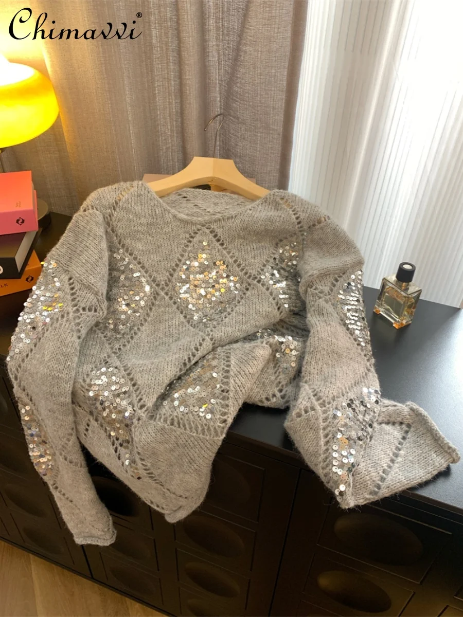 

Весна 2024, во французском стиле, Свободный Повседневный Универсальный вязаный пуловер с блестками и круглым вырезом и длинным рукавом, женские свитера, трикотажная одежда