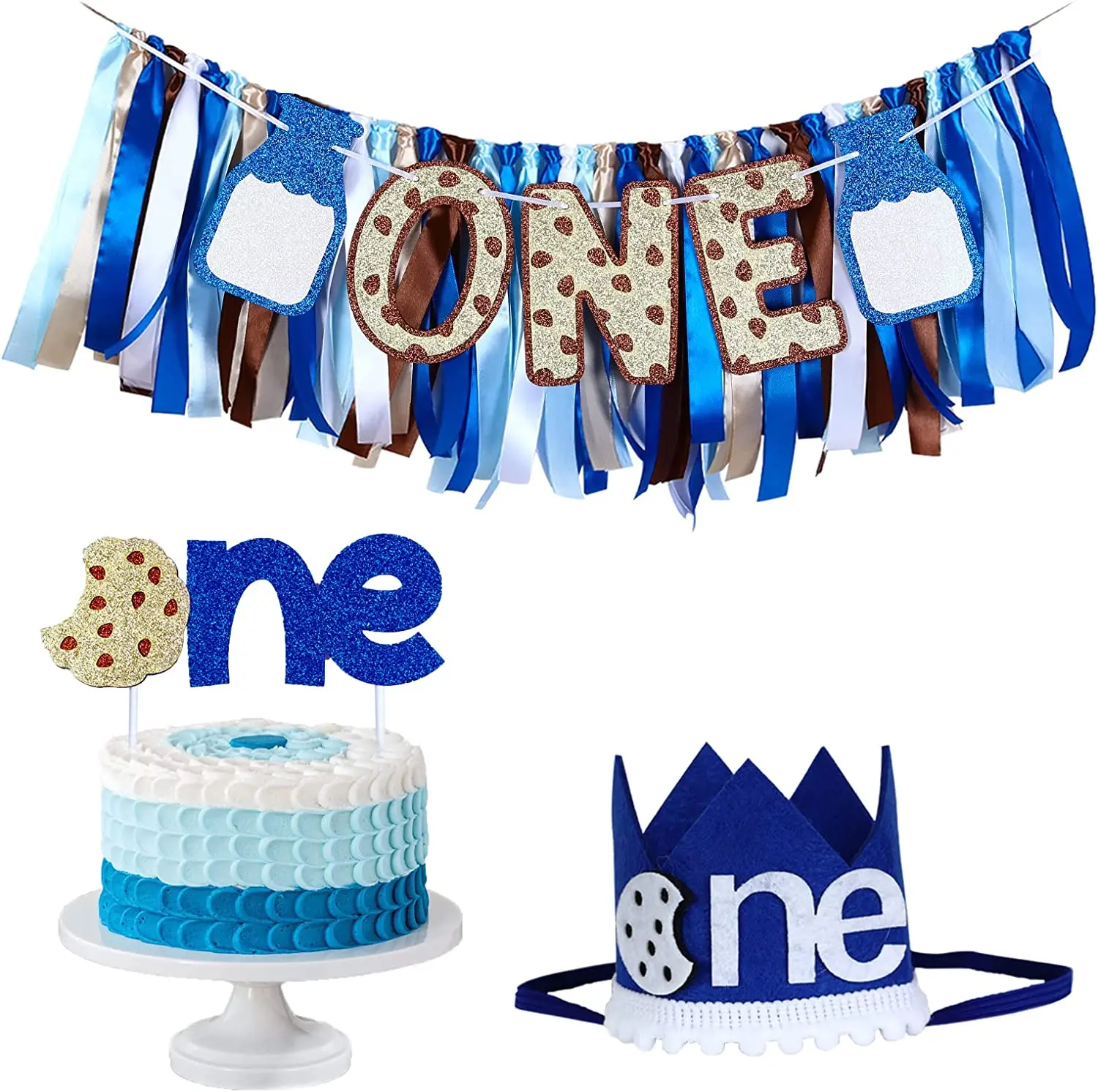 

Milk and Cookies 1st Birthday Party Decorations for Boy Cookie One High Chair Banner Cake Topper First Birthday Crown Set