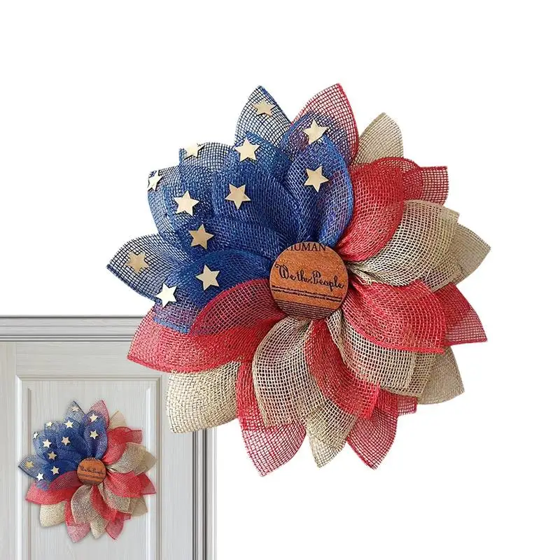 

4th Of July Wreath Patriotic Wreath Americana Wreath Linen Handcrafted Memorial Day Wreath American Flag Garland Decoration