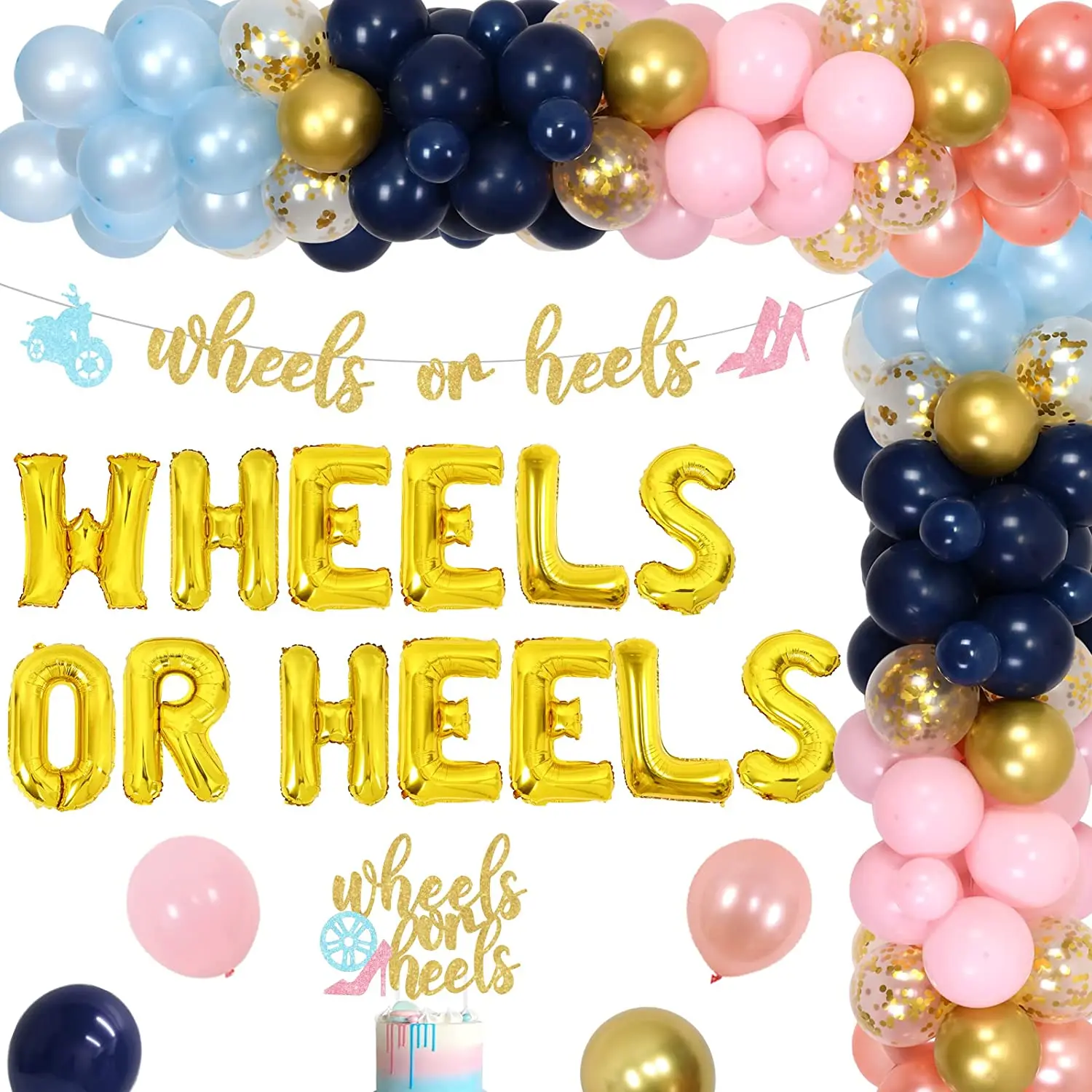 Wheels or Heels Baby Gender Reveal Party Decoration Navy Blue and Pink Balloons Cake Topper Glitter Banner for Boy or Girl Party
Wheels or Heels Baby Gender Reveal Party Decoration Navy Blue and Pink Balloons Cake Topper Glitter Banner for Boy or Girl Party