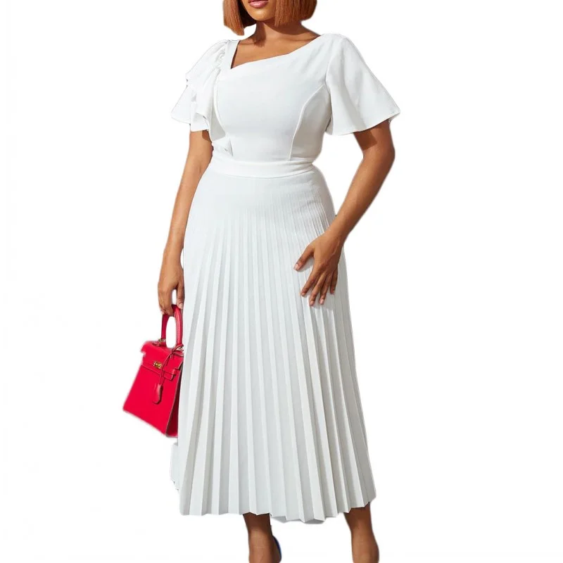 

Robes African Dress Women Ruffle Splice Flare Sleeve Empire Gown Summer Solid Fashion Pleated African Office Lady Dress Vestidos