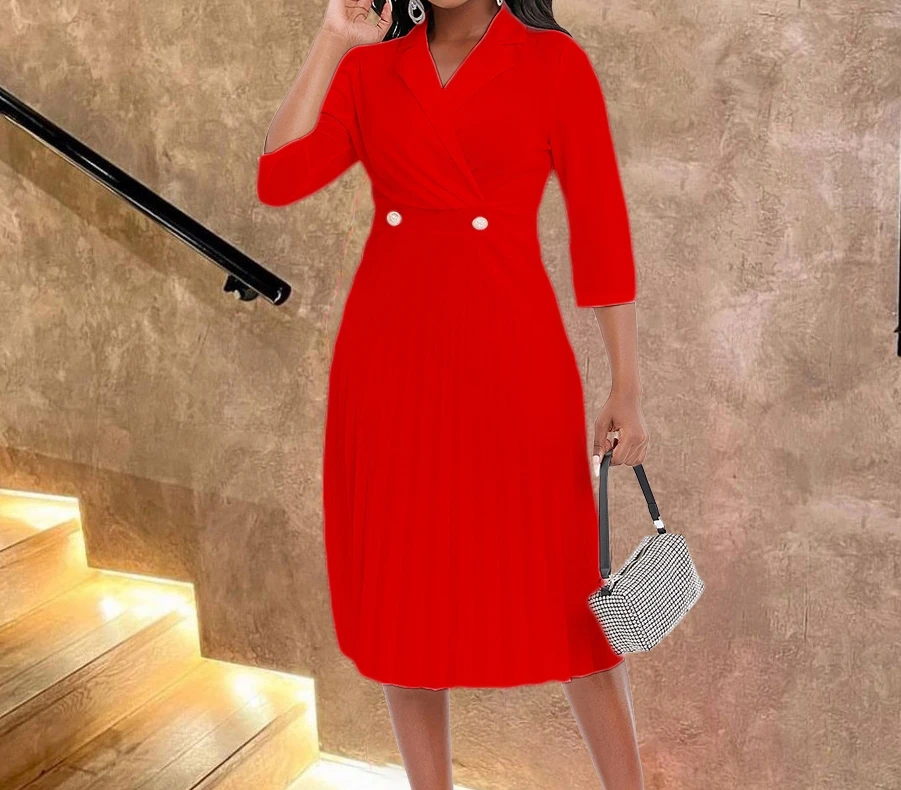 

Women's Temperament Commuting Dress Elegant Overlap Notched Collar Solid Color Button Pleated A-line Midi Dress Urban Style