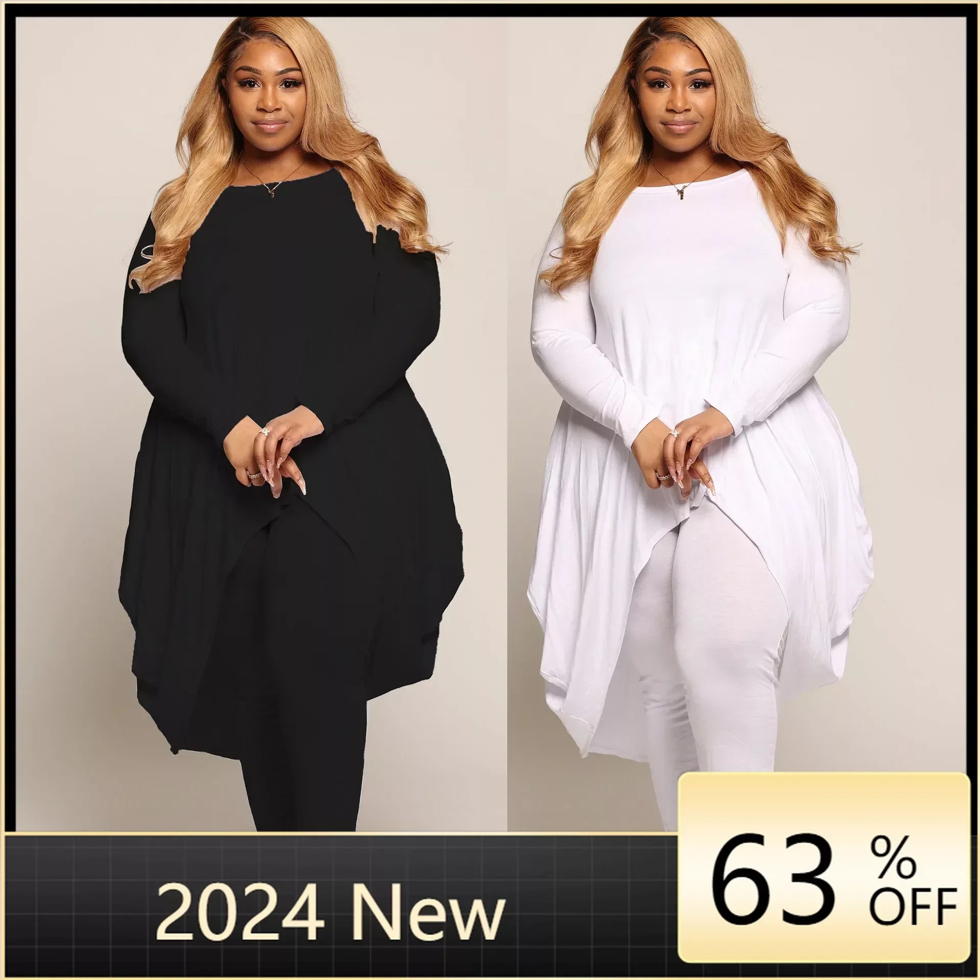 

Plus Size Asymmetrical Fold Design Pants Set 2024 Women Basic One Shoulder Long Sleeve Tracksuits Two Pieces Outfits