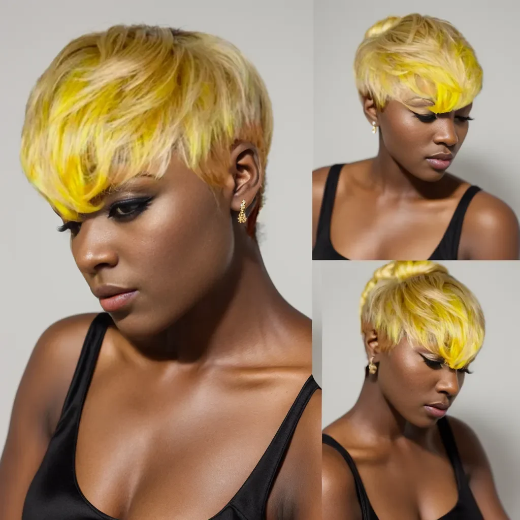 

Ombre Bronw Yellow Honey Blond Golden Synthetic Highlight Pixie Cut Short Straight Hairstyle Wig With Bangs For Black Women