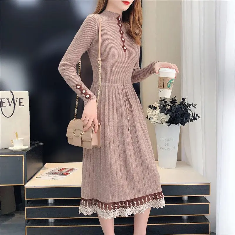 

Elegant Stand Collar Spliced Bandage Lace Midi Dress Women's Clothing 2023 Autumn Winter Loose Knitted All-match Ladies Dresses