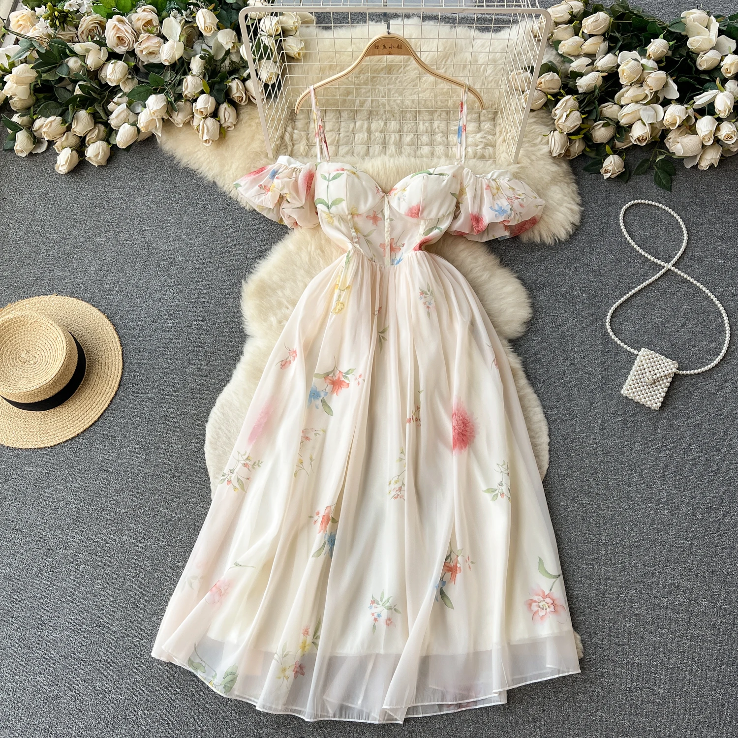 

French Style Off Shoulder Sling Dress Women Summer Puff Sleeves Slim Flower Printing Dresses Sweet Gentle Chiff Long Skirts