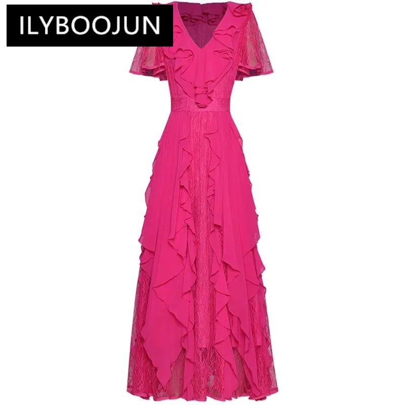 

ILYBOOJUN Summer Fashion Runway Rose Red Vintage Long Women's V Neck Short Sleeve Lace Spliced Ruffle High Waist Slim Dress