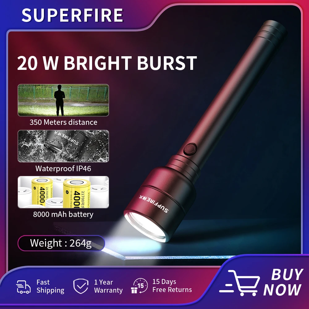 

New SUPERFIRE Y16 20W LED Flashlight 8000mAh Battery Super Bright Torch USB-C Rechargeable Camping Fishing Hunting Lantern