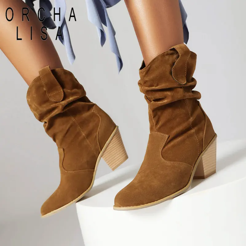 

ORCHA LISA Flock Suede Female Mid Calf Boots Round Toe Slip On Pleated Chunky High Heels Leisure Western Bota Large Size 43 44