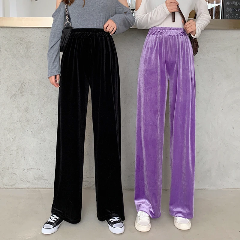 

Straight Velour Women High Waist Casual Wide Legs Pants Black Purple Loose Female Fashion Trousers New 2022Autumn Clothes