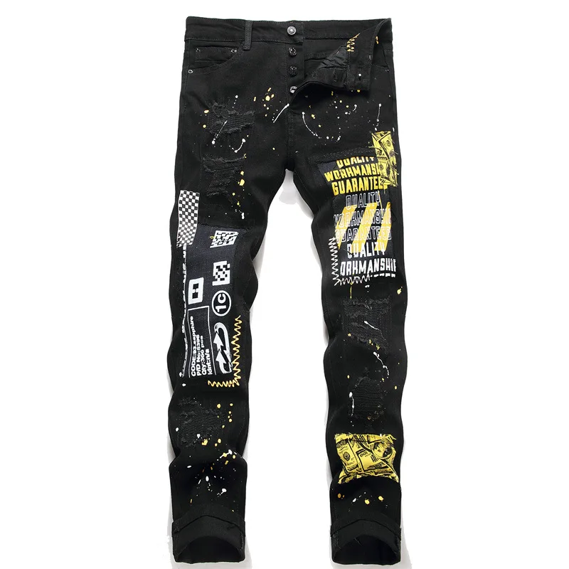 

Men Jeans Retro Printed Slim Fit Denim Pants Ripped Patchwork Embroidery Streetwear Hip Hop Holes Distressed Trousers Homme Jean