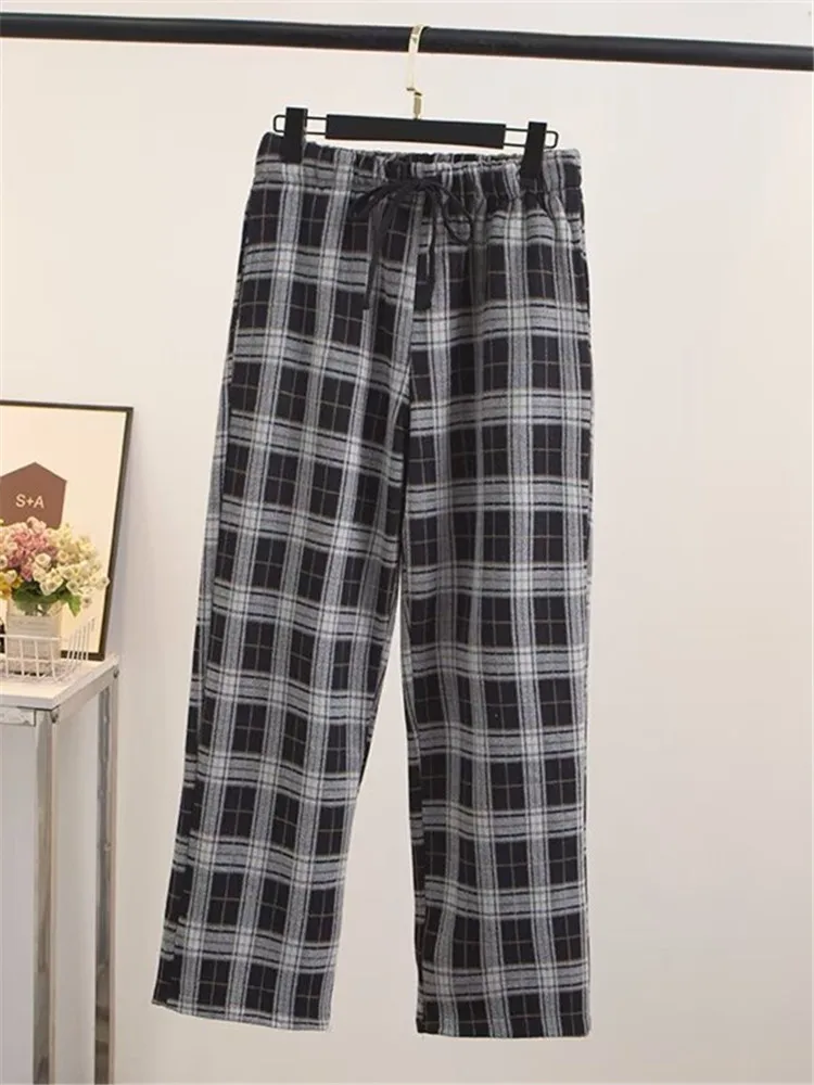 

Женская одежда больших размеров, брюки, весенне-осенние клетчатые брюки с эластичной резинкой на талии, неэластичные брюки с завязками на талии и карманами