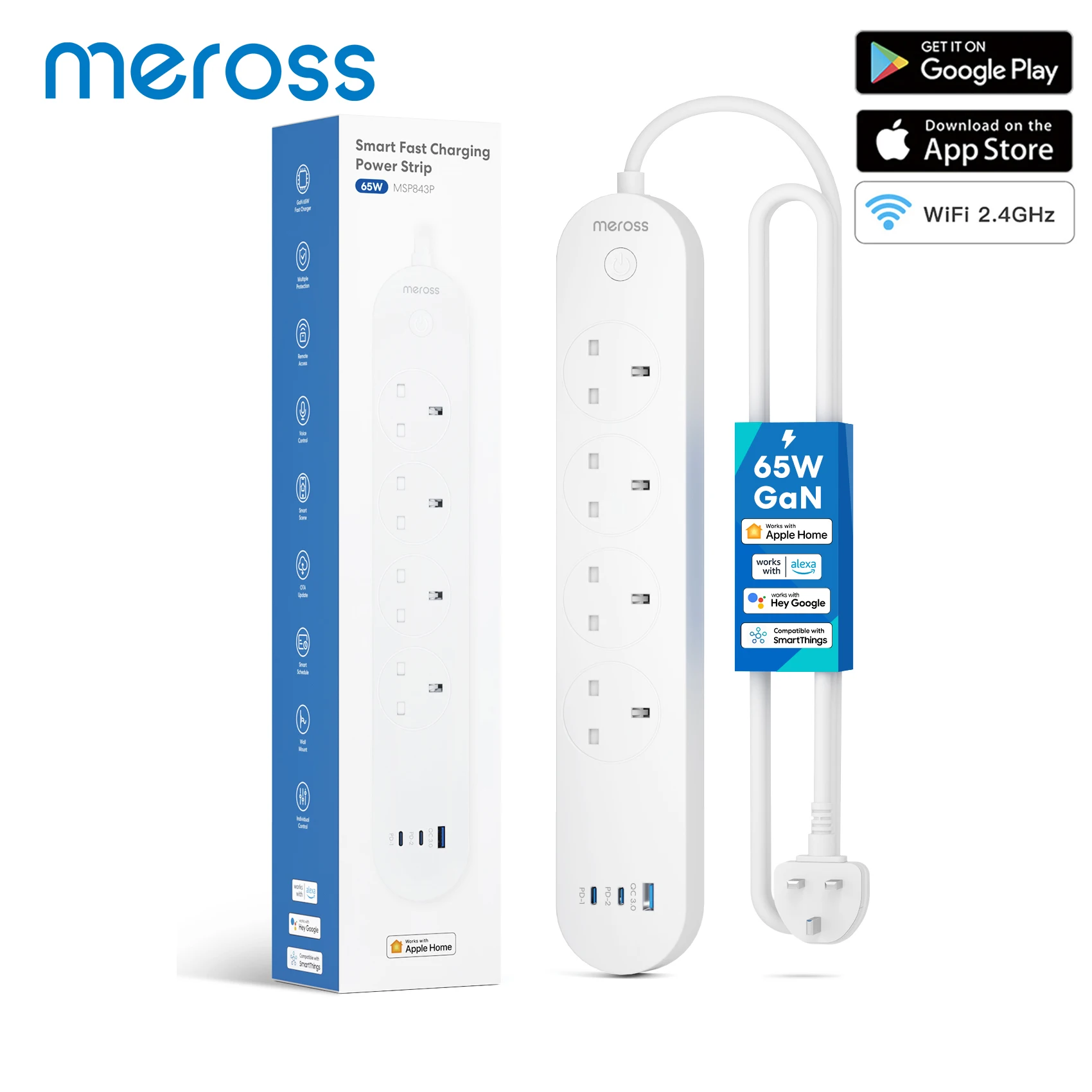Meross HomeKit Smart Fast Charging Power Strip with 4 Sockets and USB-A/C Port 65W UK version Support Alexa Google Assistant
Meross HomeKit Smart Fast Charging Power Strip with 4 Sockets and USB-A/C Port 65W UK version Support Alexa Google Assistant