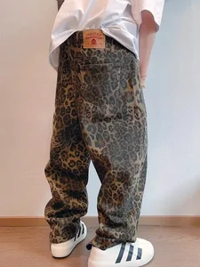 Джинсы HOUZHOU Tan мужские с леопардовым принтом, джинсовые брюки оверсайз с широкими штанинами, уличная одежда в стиле хип-хоп, винтажная свободная повседневная одежда