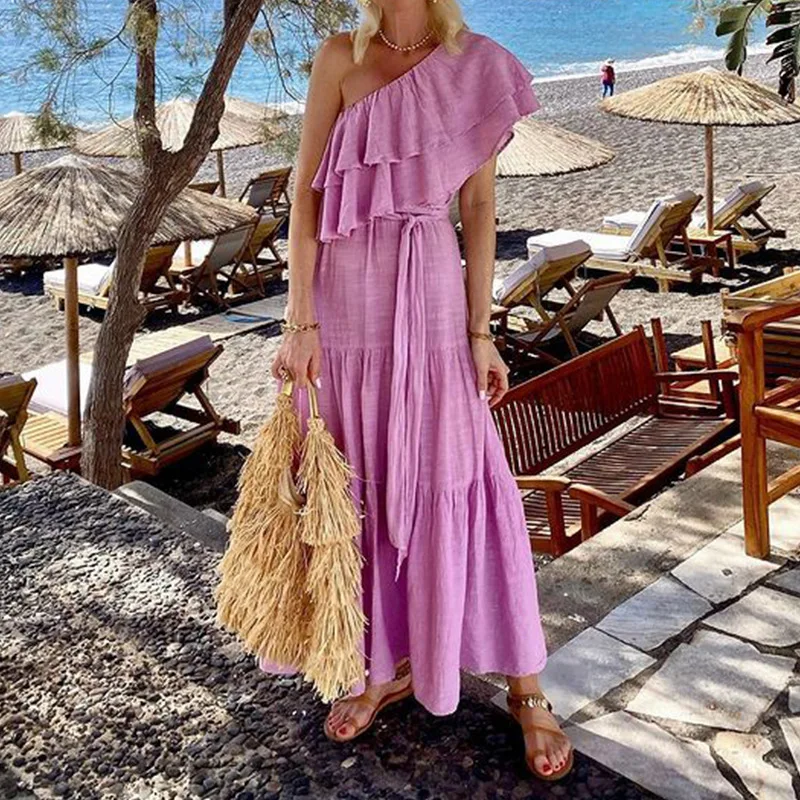Casual One Shoulder Sleeve Pleated Dress Sexy Diagonal Collar Ruffled Holiday Dress Lady Fashion Asymmetrical Tie Up Long Dress
Casual One Shoulder Sleeve Pleated Dress Sexy Diagonal Collar Ruffled Holiday Dress Lady Fashion Asymmetrical Tie Up Long Dress