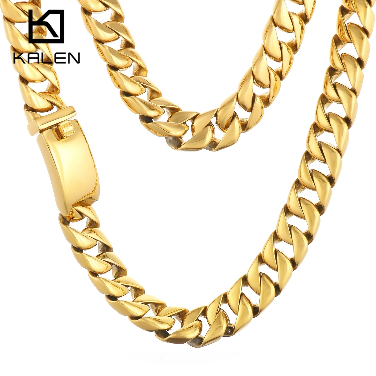 

12mm Shiny Cuban Chain Bracelet & Necklace Jewelry Set - Stainless Steel 316L - Silver/Gold Color - KB23389-D