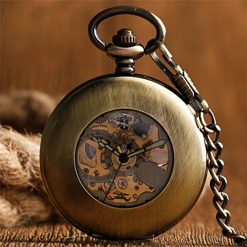 

Antique Retro Skeleton Automatic Mechancial Pocket Watch for Men Women Arabic Numbers FOB Chain Luminous Hands Relgio de bolso