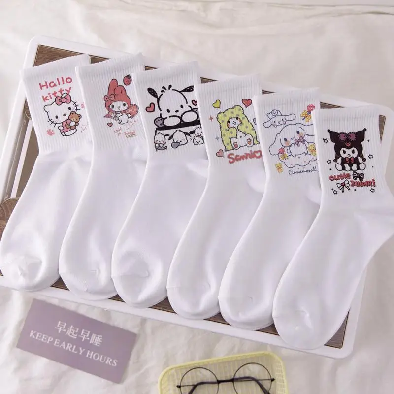 

Носки Sanrio 6 шт., милые носки Hellokitty Mymelody Kuromi Cinnamoroll, Мультяшные школьники, женские универсальные средние Носки