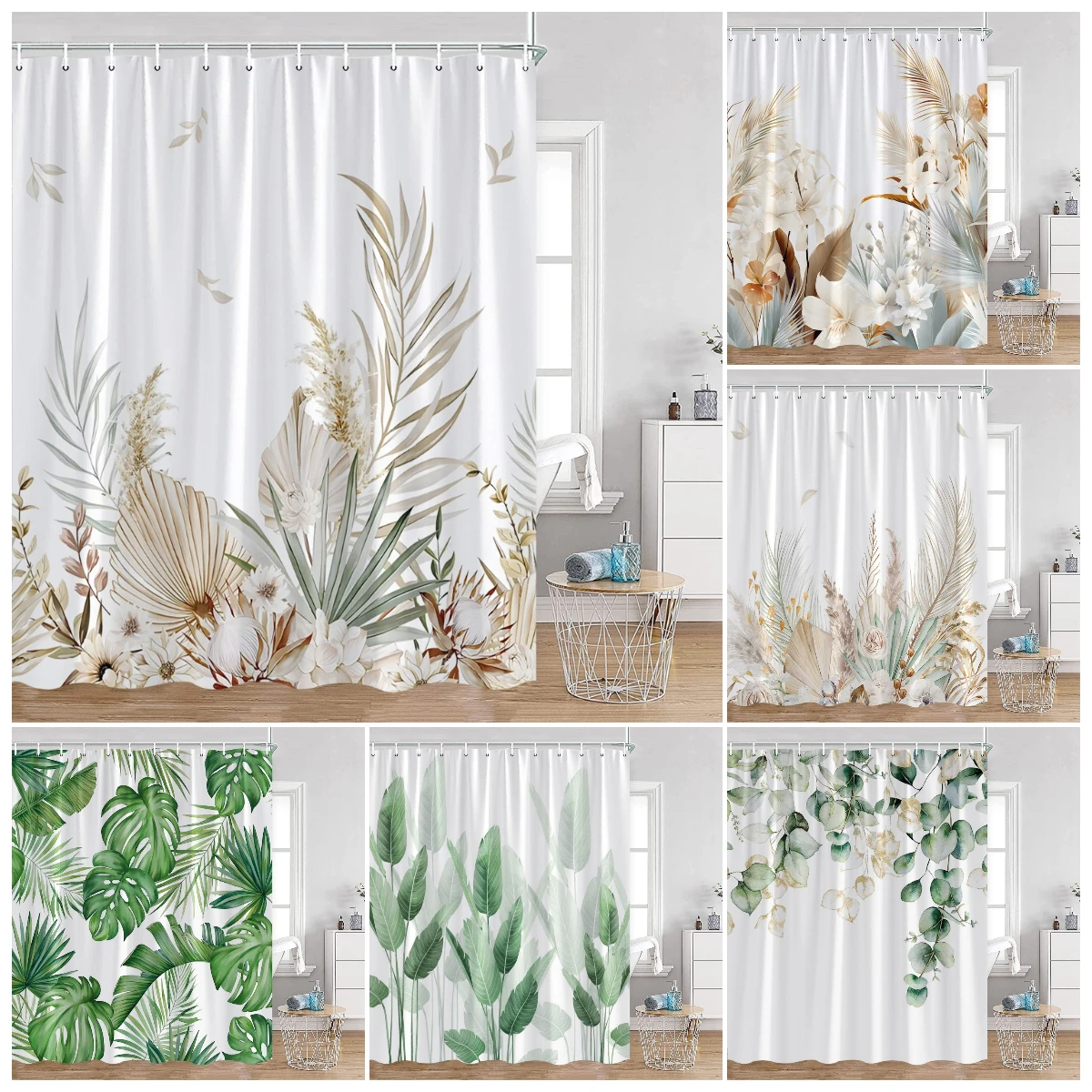 

Tropical Leaves Shower Curtain White Floral Palm Leaf Monstera Watercolor Green Plants Bath Curtains Fabric Home Bathroom Decor