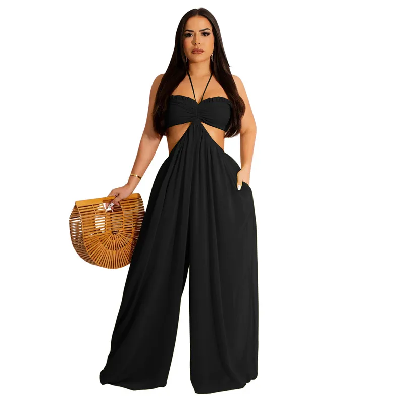 

Sexy Backless Sleeveless Women Jumpsuits Summer Hollow Out Halter Wide Leg Pants Fashion Solid Color Holiday Party Rompers