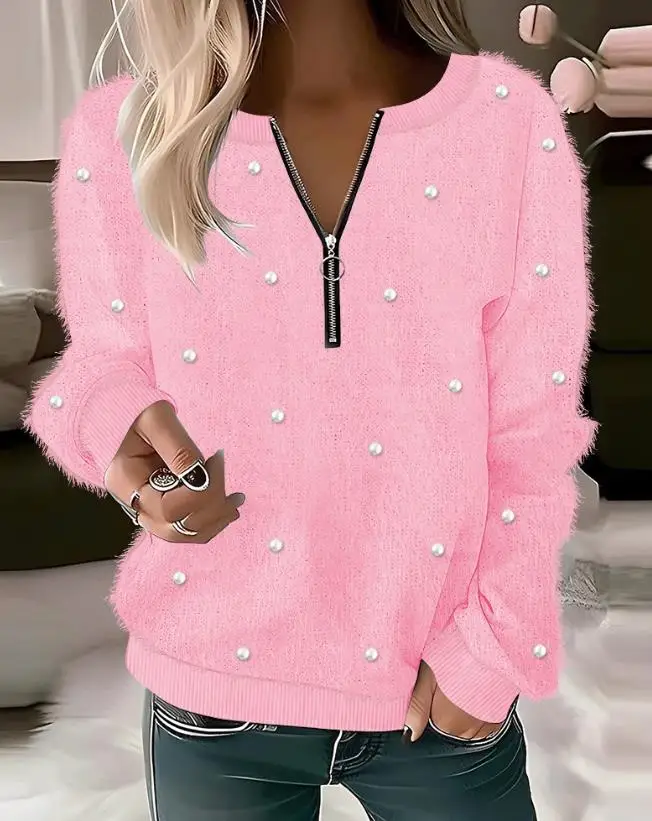 Woman Casual Zipper Design Pearls Decor Fuzzy Top Women's Clothing New Autumn Female Long Sleeve Sweater
Woman Casual Zipper Design Pearls Decor Fuzzy Top Women's Clothing New Autumn Female Long Sleeve Sweater
