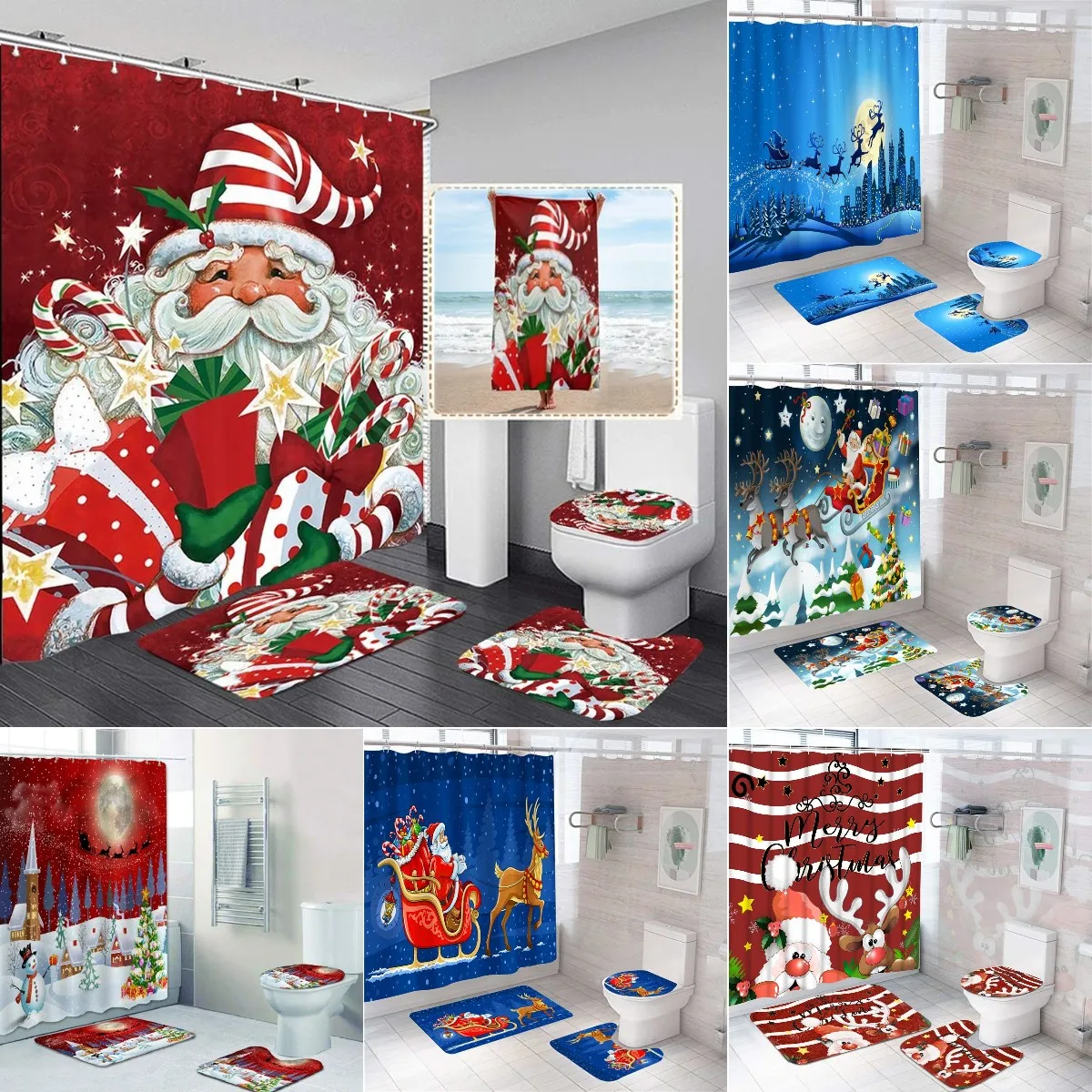 

Blue Cartoon Santa Printed Christmas Shower Curtain Set Bathroom Set Decor Elk Toilet Bath Mat Set Rugs Carpets WC Accessories
