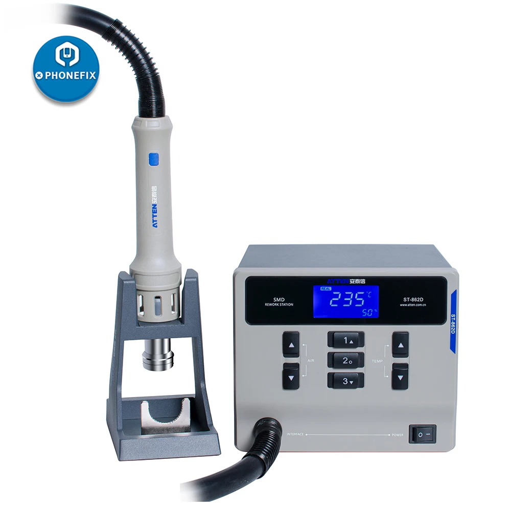 ATTEN ST-862D Hot Air Gun Soldering Station 1000W Lead-free Intelligent Digital Display Rework Station Cell Phone PCB BGA Repair 
ATTEN ST-862D Hot Air Gun Soldering Station 1000W Lead-free Intelligent Digital Display Rework Station Cell Phone PCB BGA Repair