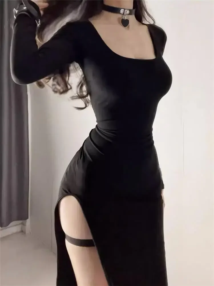 

Sexy Side Slit Dress for Women Tight-fitting Wrap Hip Over-the-knee Long Sleeved Dresses Black Street Bodycon Spring Autumn