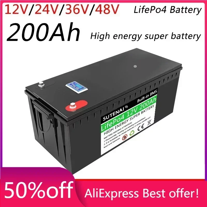 

new 12V 24V 36V 48V 200AH LiFePO4 Battery Built-in BMS for Solar Power System RV Campers Golf Cart Off-road Solar Deep Cycle