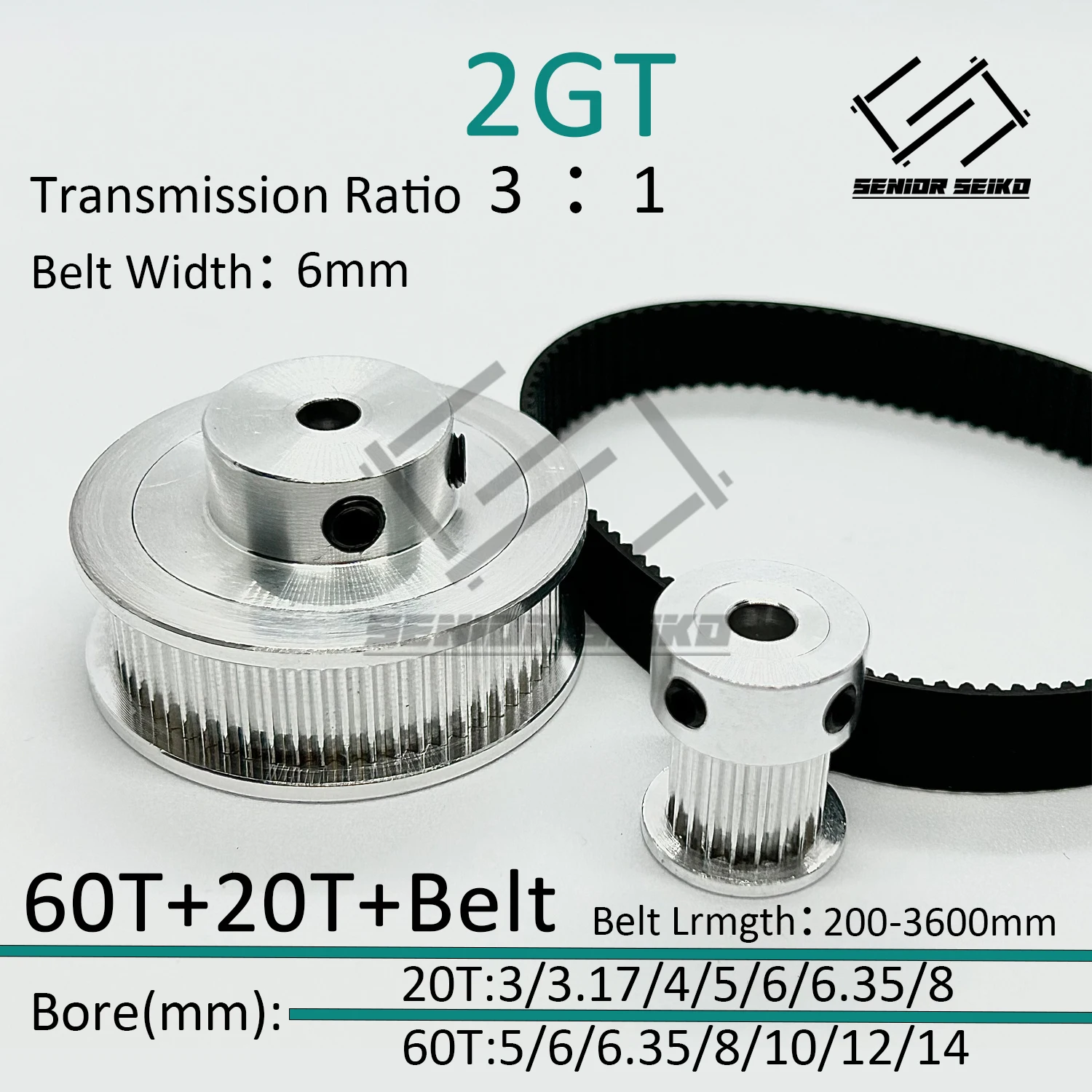 

2GT 2M 20Teeth 60T GT2 60Teeth 20T Timing Belt Pulley Set Belt Width 6mm Bore 3~14mm 3:1 Wheel Synchronous Pulley Belt Kit