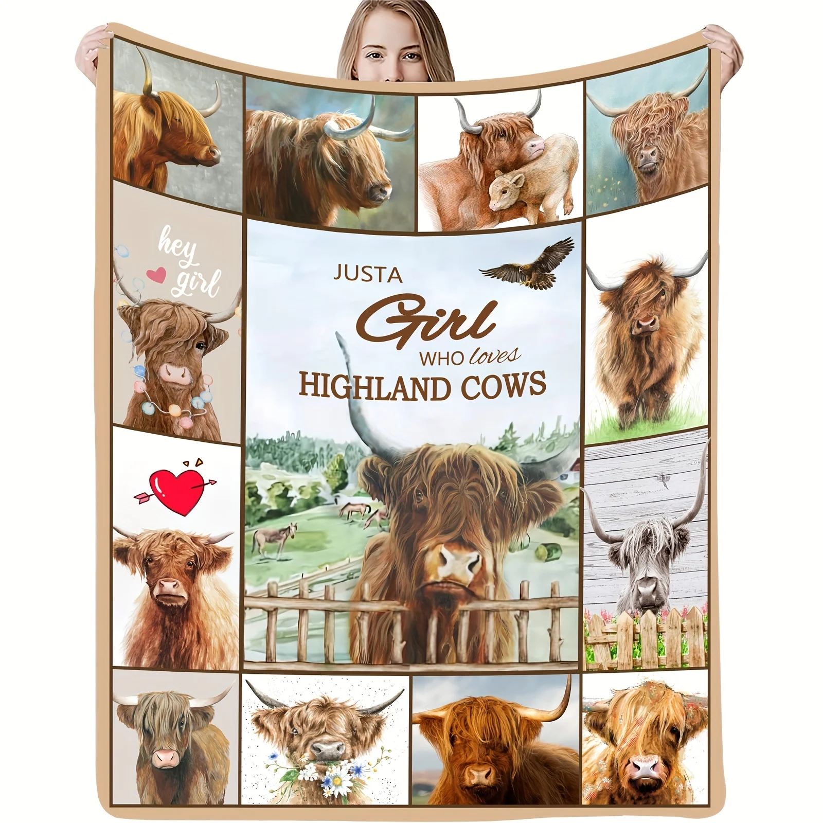 

1pc Scottish Highland Cow Flower Printed Flannel Blanket, Cozy Soft Throw Blanket For Couch Bed Sofa Camping Travelling