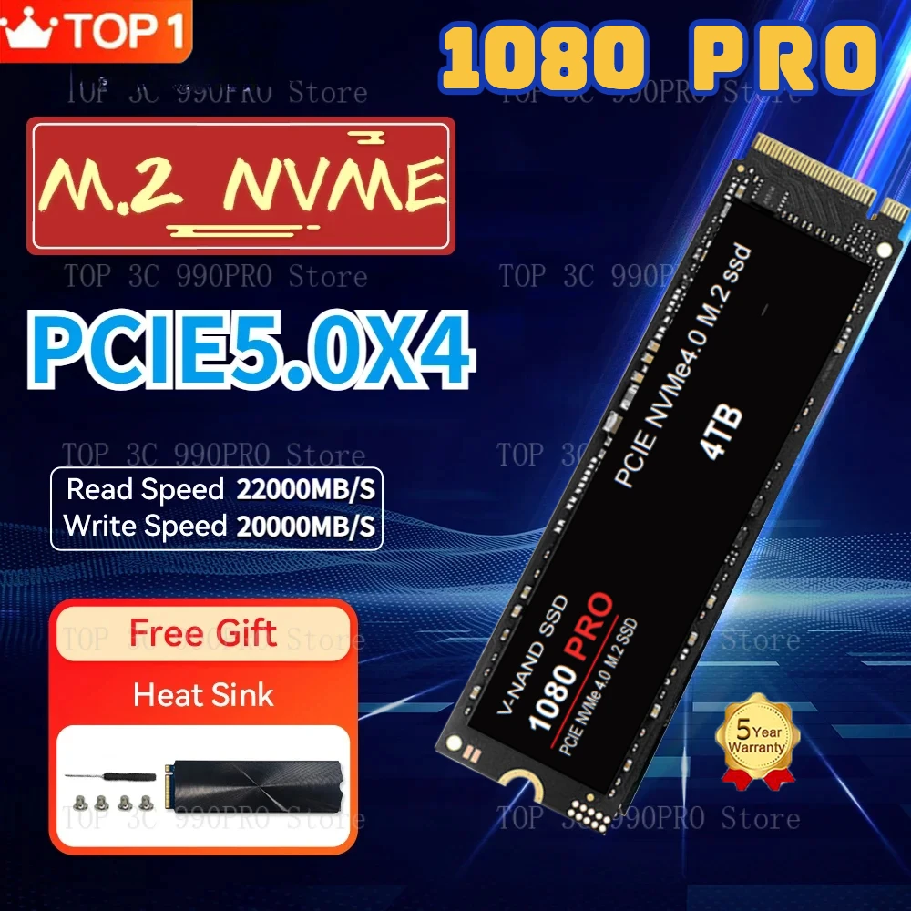 

1080 PRO PCIe 5.0 NVMe 4.0 M.2 2280 1TB 2TB 4TB 8TB SSD Internal Solid State Hard Drive For Laptop Desktop MLC PC Computer PS5