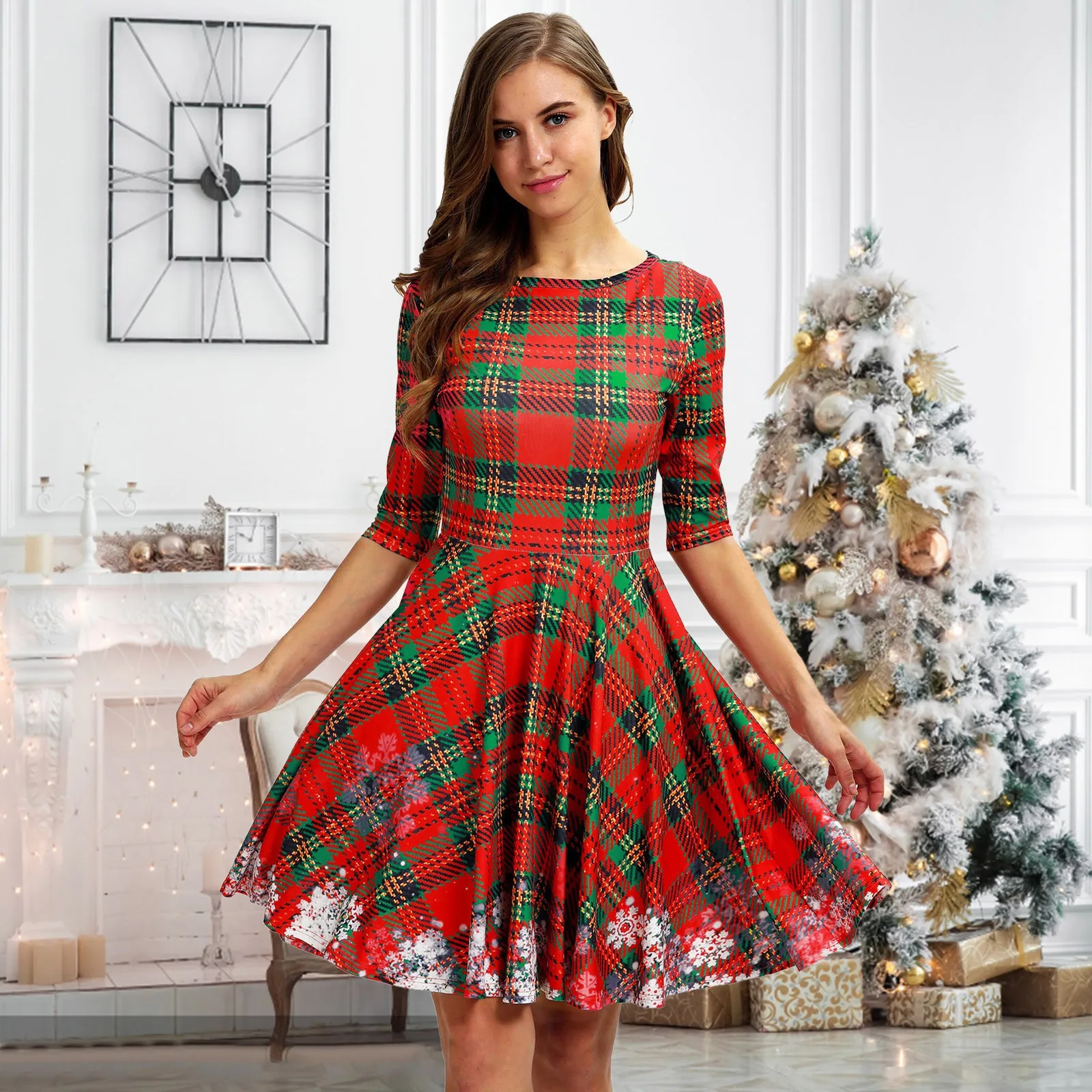 Women Christmas Dresses Vintage Plaid Print Pleated Swing Dress Round Neck Slim Fit Mid Sleeve Fashion Mid Length Party Dress
Women Christmas Dresses Vintage Plaid Print Pleated Swing Dress Round Neck Slim Fit Mid Sleeve Fashion Mid Length Party Dress