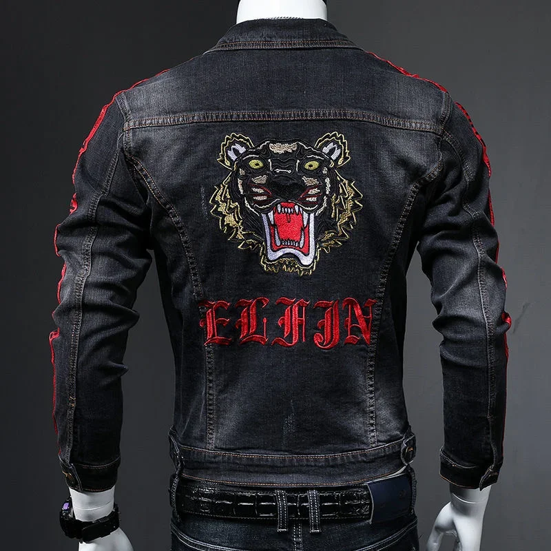 

Men's Denim Jacket New Printed Black Embroidery Fashion Tiger Long Sleeve Windbreaker Spring Autumn Jean Overcoat Korean