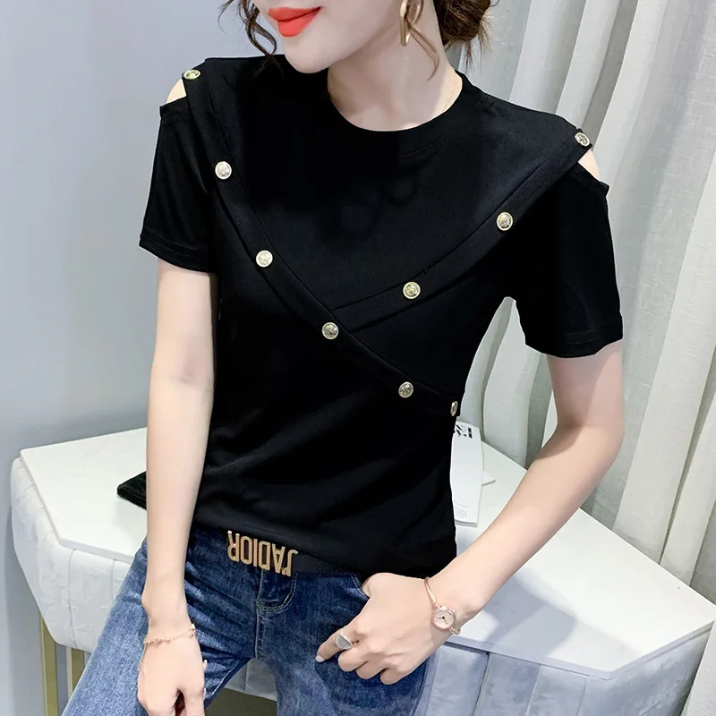 2022 Summer New Off-shoulder Short-sleeved T-shirt Women's Slim Slim Button Design Solid Color Top
2022 Summer New Off-shoulder Short-sleeved T-shirt Women's Slim Slim Button Design Solid Color Top