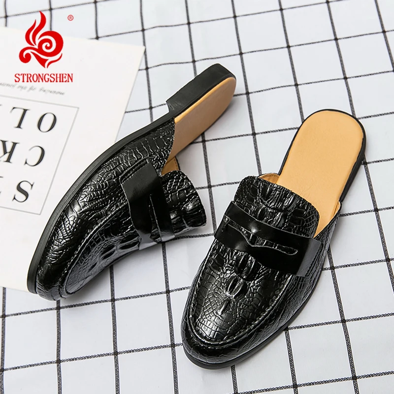 

STRONGSHEN Men Half Slipper Shoes Luxury Brand Leather Loafers Moccasins Outdoor Nonslip Casual Slides Fashion Zapatillas Hombre