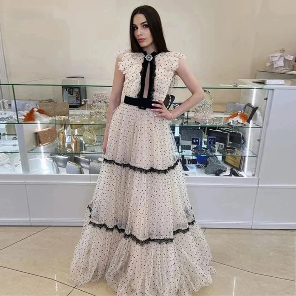 

Round Neck A Line Dotted Tulle Lace Prom Dresses Vintage Long Party Dress Sleeveless Evening Gowns Formal Occasion Event Outfit