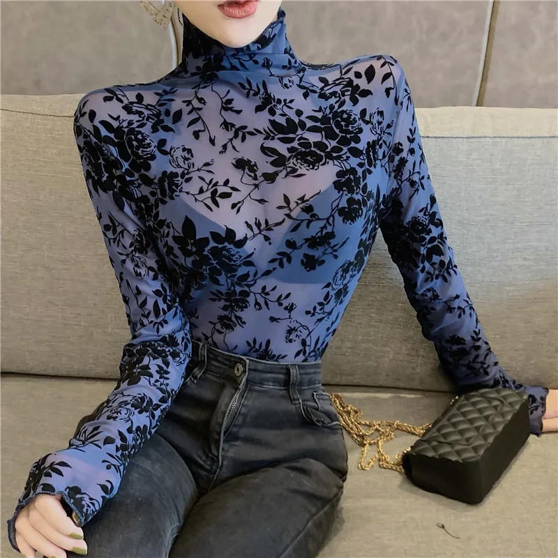 

Size M-XXXL Transparent Flocking Mesh T-shirt Women Turtleneck Slim Long Sleeve T Shirts Girls Elastic Tops Tees Shirts