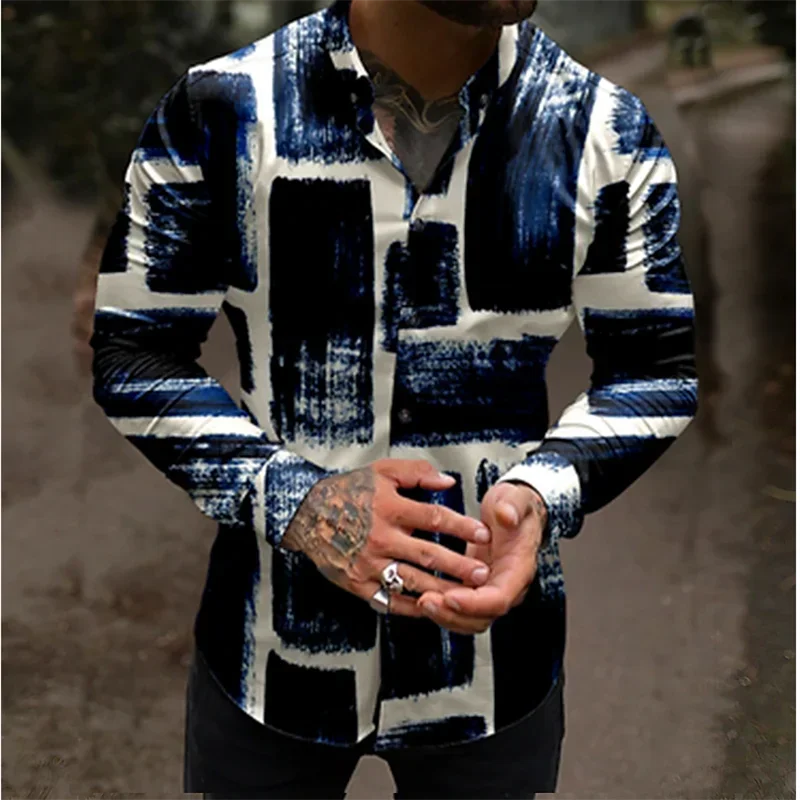 

Мужская Повседневная дышащая рубашка, темно-синяя уличная рубашка с длинным рукавом и 3D принтом, на пуговицах, модный дизайн