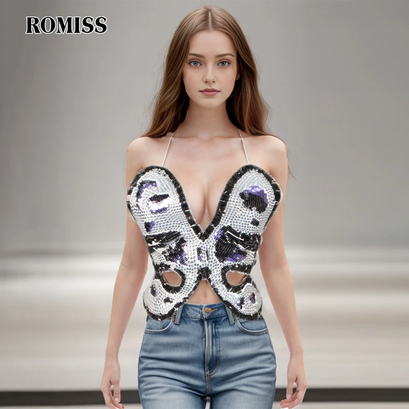 

ROMISS Sexy Solid Patchwork Sequins Backless Vests For Women Strapless Sleeveless Spliced Lace Up Slimming Vest Female Fashion