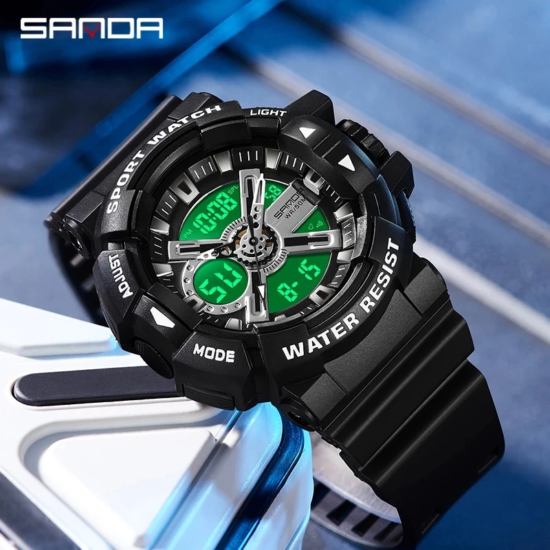 

Часы наручные SANDA мужские с двойным дисплеем, спортивные цифровые кварцевые в стиле милитари, водонепроницаемость 50 м, 3128
